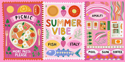 Colorful summer themed postage stamps featuring food fruit and travel destinations © Endrajit
