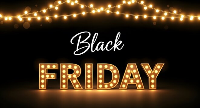 Black friday marquee light bulb sign with string lights