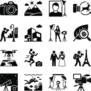 Comprehensive collection of photography equipment and session icons including lighting studio setups outdoor shooting sessions underwater and telescope gear setups.