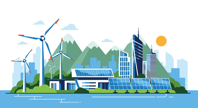 Modern city landscape powered by sustainable green energy sources including large wind turbines and arrays of solar panels under the sun.