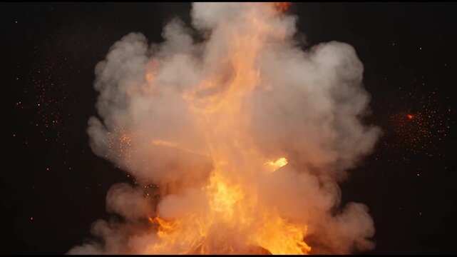 Massive fireball explosion with flying sparks and thick smoke isolated on black background