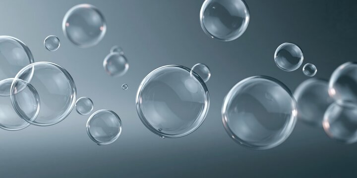 Abstract glass bubbles floating on dark background, 3D macro concept