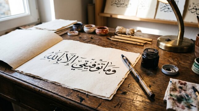 arabic calligraphy traditional art handwritten vintage writing old paper ink pen desk setup creative workspace calligraphy tools artistic writing script art hand calligraphy