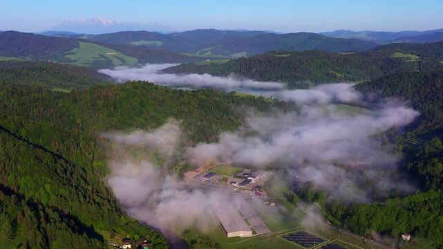 Mgła w dolinie Popradu, widok z powietrza.