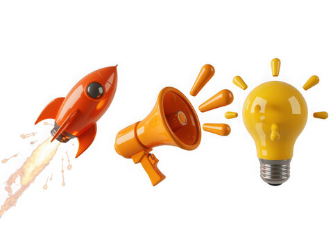 Rocket launch megaphone and lightbulb 3d render representing innovation and promotion
