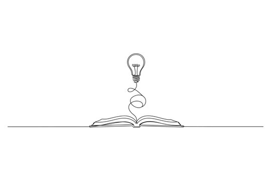Continuous single line drawing of light bulb emerging from open book with knowledge education learning innovation intelligence continuous minimalist creative university inspiration thinking