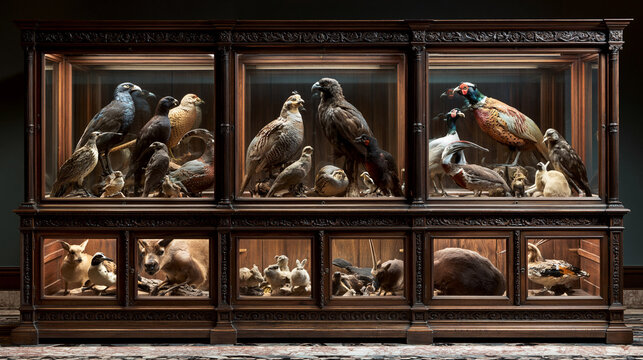 Taxidermy Exhibit Display Case Featuring Hawks and Eagles in Natural History Museum Collection - Educational and Conservation Focused