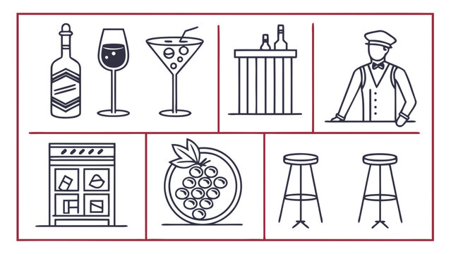 Bar and lounge atmosphere icons with bartender drinks glassware and wine grapes