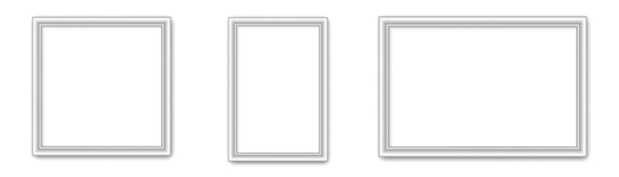 White instant portrait photo frame and border outline with shadow empty square and rectangle blank vector on transparent background for album, camera, wedding, party, family, picture mockup