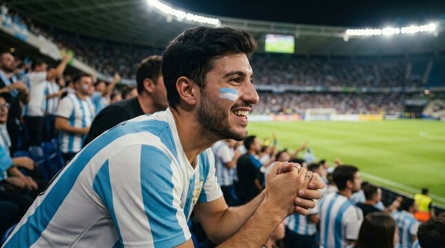 Argentinian football fan celebrating during World Cup match, passionate Argentina supporter cheering with crowd, national pride, soccer championship atmosphere, sports excitement