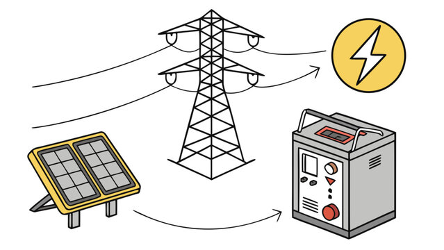 Renewable energy and electrical power infrastructure diagram with electricity