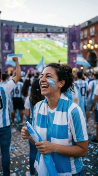 Argentinian woman celebrating during World Cup match, passionate Argentina supporter cheering with crowd, national pride, soccer championship atmosphere, football fan excitement