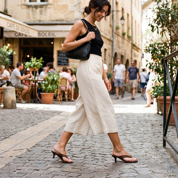 Fotografia mody. Modelka w butach thong sandals z niskim obcasem typu kitten heel. Modne japonki zestawione z szerokimi spodniami z lekkiej tkaniny i koszulką na ramiączkach
