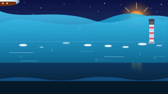 A serene flat design illustration of a lighthouse standing tall by the ocean at twilight, with a rising sun and a distant airship under a starry sky.