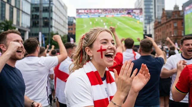 English woman celebrating during World Cup match, passionate England supporter cheering with crowd, national pride, soccer championship atmosphere, football fan excitement