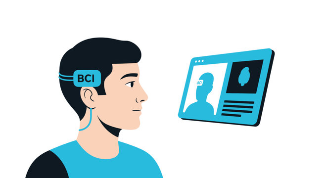 Brain-Computer Interface Illustration of a Man Using BCI Neural Device for Digital Interaction and Neuroscience Research