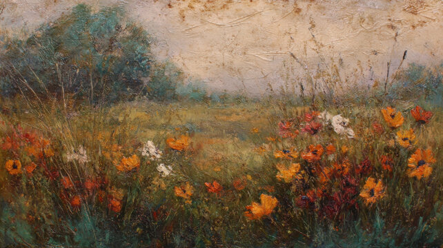 Impressionist style oil painting of flower meadow and rural landscape. Impasto painting. Brush strokes clearly visible