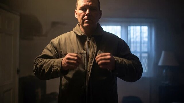 Man Zipping Jacket in Dramatic Lighting Cinematic Scene Ready for Action