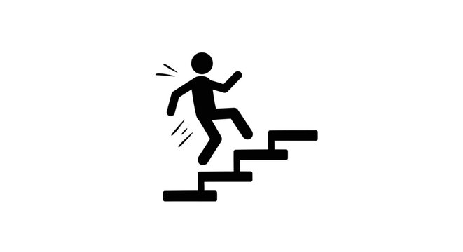 Stick figure falling backwards down a set of stairs.