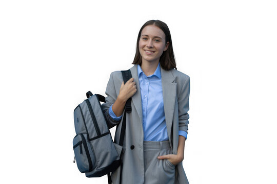 Young woman in gray blazer and blue shirt carries backpack ready for travel or work
