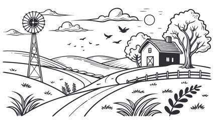 Rustic farm landscape with windmill and barn windmill landscape countryside © Lacky
