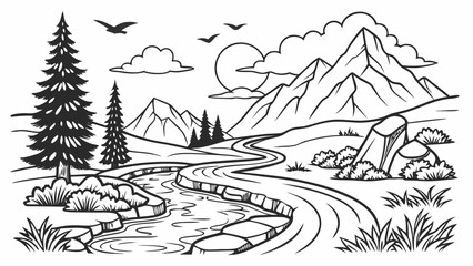 Obraz premium Mountainous river valley landscape line art with mountain landscape wilderness