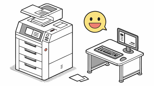 Office desk with computer and large multi-function printer illustration