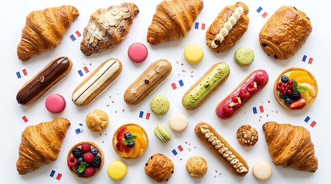 Assorted french pastries macarons and eclairs on white background