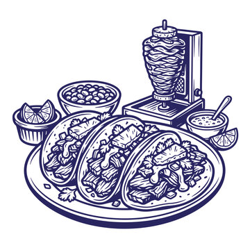 Traditional mexican street food tacos al pastor with meat spit illustration delicious illustration restaurant culinary creative traditional appetizer authentic