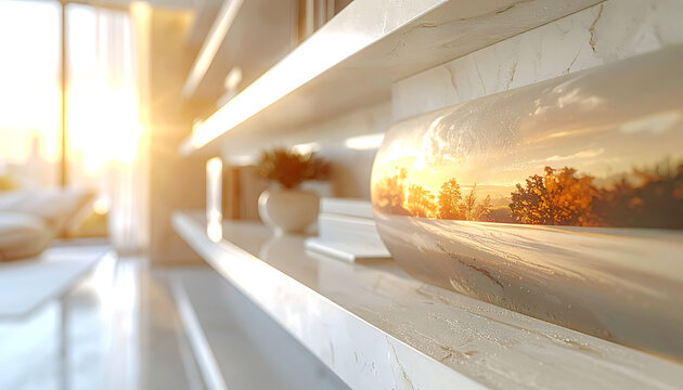 Sunlight streaming through a window onto a modern shelf with decorative vase and plants, warm ambient light, peaceful home interior