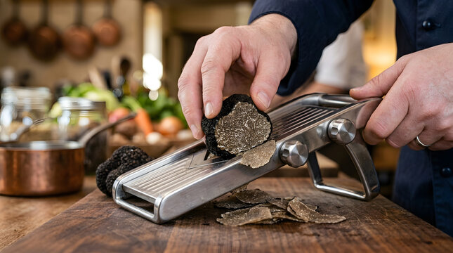 Professional chef's hands carefully slicing a rare whole black truffle with a stainless steel mandoline slicer on a rustic wooden board in a high-end gourmet restaurant kitchen interior.