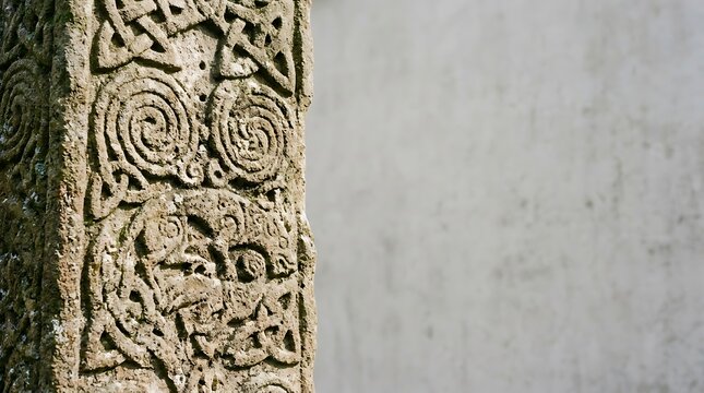 Ancient celtic stone carvings with intricate knotwork and spirals