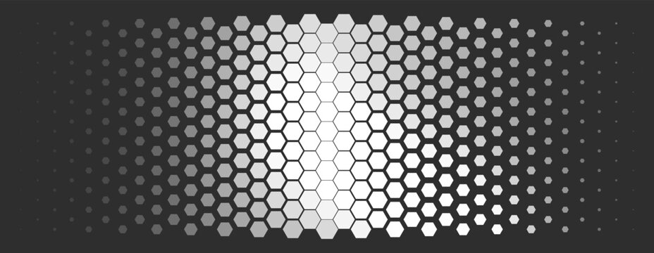 Black seamless hexagonal pattern. Repeating honeycomb texture. Geometric hexagonal halftone background. Retro tech dotted wallpaper. Contrasting minimalism, symmetry, and technological design.
