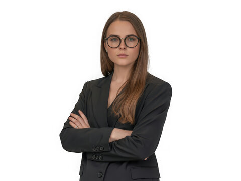 Professional headshot portrait of a confident woman in a blazer wearing glasses