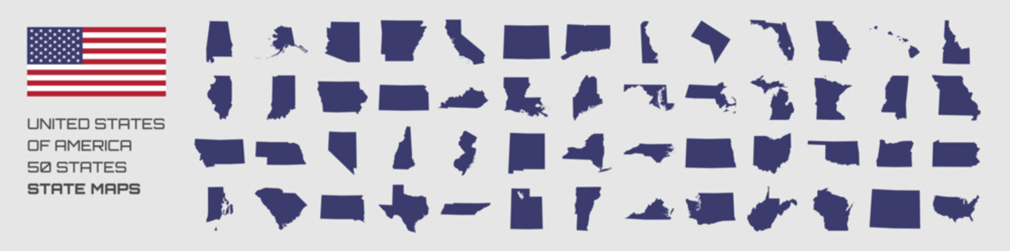 A collection of United States of America's 50 states maps.