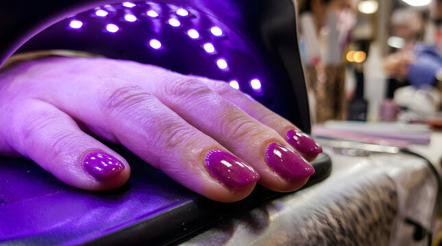 Professional Manicure Service with Purple Gel Nail Polish Curing Under UV LED Lamp in Beauty Salon, Close Up of Female Hand Getting Long-Lasting Shellac Treatment for Healthy Fingernails.