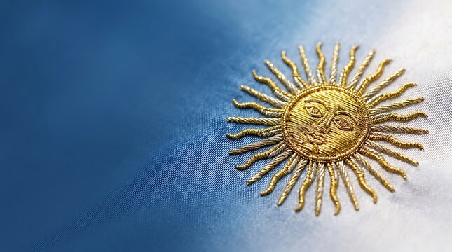 Golden sun of may embroidery on argentina national flag