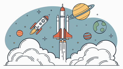 Space rocket launching into orbit with planets and stars background, exploration © Lacky