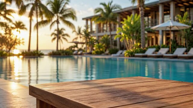 Poolside Wooden Table with Luxury Tropical Resort and Gentle Water Movement