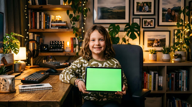 A young girl sitting at a desk holding a tablet with a green screen in a cozy room with books and plants around her