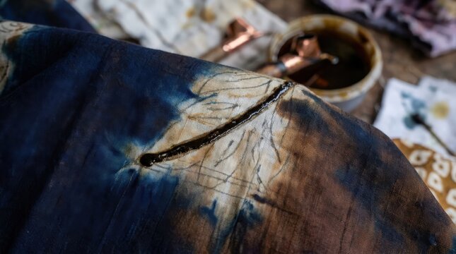Macro of batik fabric with batik tulis marker line, showcasing intricate handmade textile artistry and traditional indigo dye patterns on textured cotton cloth for elegant cultural craft design.