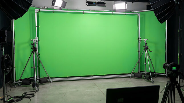 A professional green screen studio setup with lighting equipment and cameras positioned around a large green backdrop for chroma keying and video production purposes in a modern indoor studio