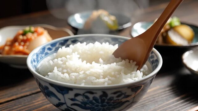 Steaming hot white rice being scooped from a bowl with a wooden spoon, served with side dishes