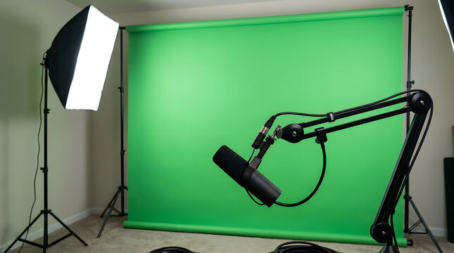 A professional recording studio setup with a green screen and a microphone on a stand with a softbox light