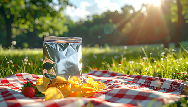 Shiny foil bag of potato chips and strawberries on a red checkered picnic blanket in a sunny park, representing a delightful outdoor snack time