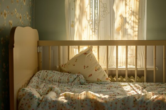Soft sunlight filters through lace curtains. Sunbeams dance across a baby's cradle. Floral bedding adds gentle warmth and comfort. The scene evokes quiet peace and serene bedtime