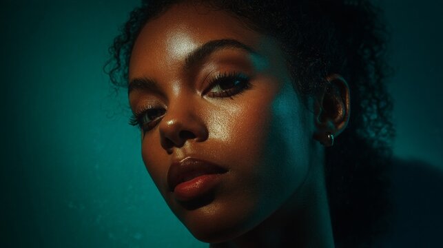 Teal light glows softly on her skin. Her gaze holds quiet, confident intensity. Dark curls frame her face with soft texture. Single earring glints against her earlobe. The mood feels intimate, serene
