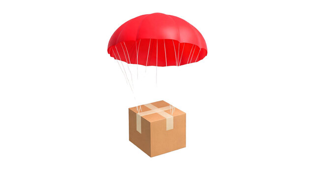 Cardboard delivery box falling from the sky with an open red parachute as PNG cutout