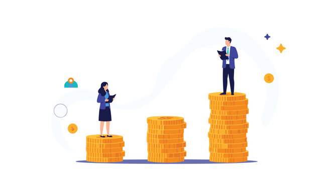 Business man and woman standing on different stacks of gold coins representing gender pay gap and income inequality.