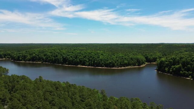 Aerial view of Falls Lake near Raleigh, North Carolina, a popular recreation spot and the source of Raleigh's drinking water